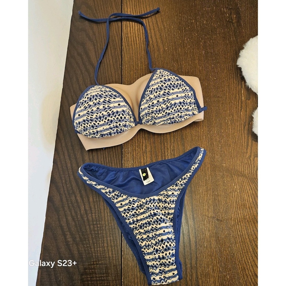 Vintage 1993 Raisins Crochet Bikini Set USA Made Tactel High Cut Triangle L 9/11